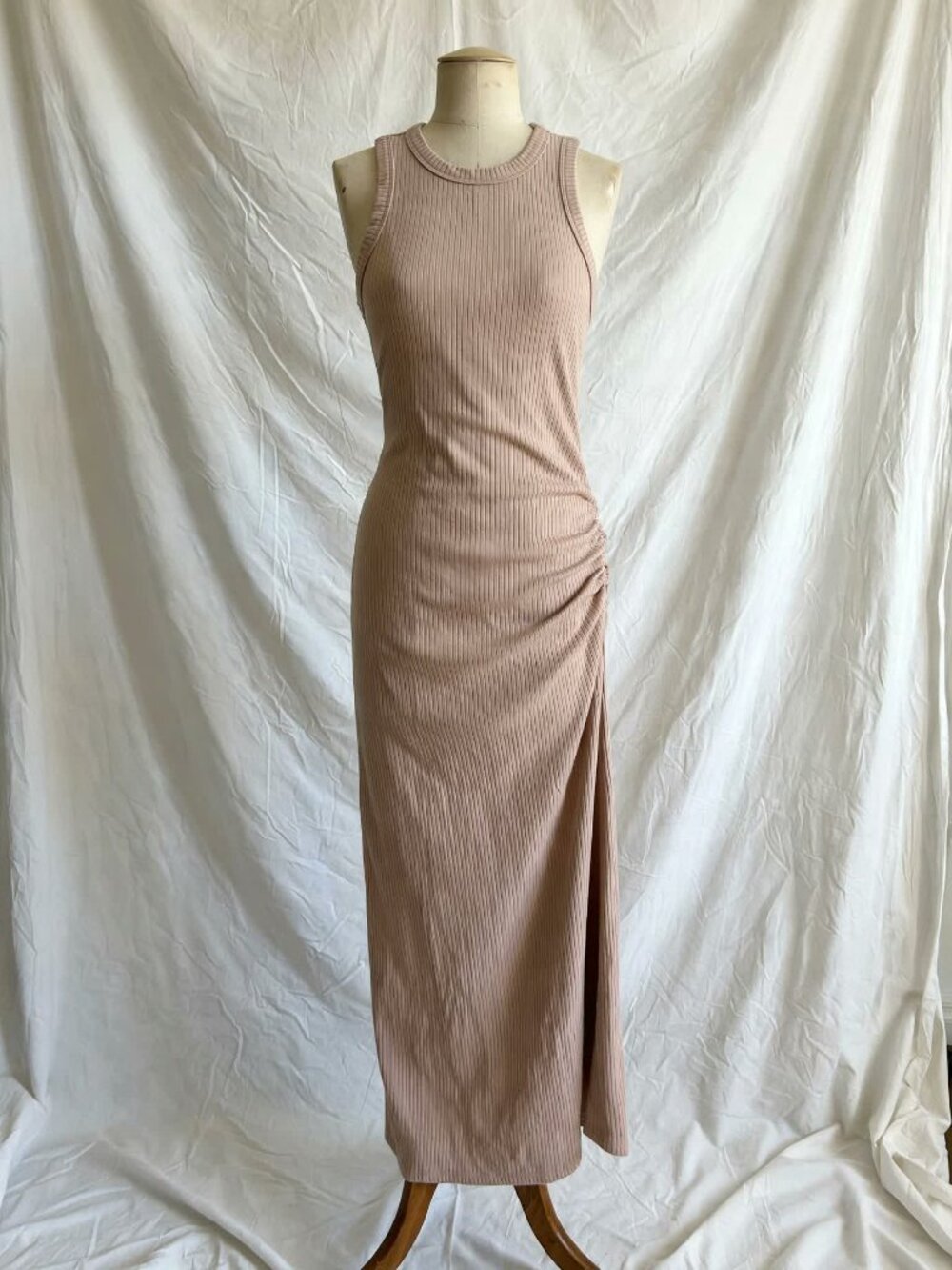 A New Day Ribbed Knit Maxi Dress Size XS Blush Sleeveless Ruched Side Slit